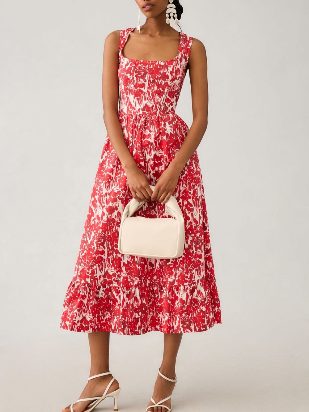 Aureta Red Printed Square-Neck Corset A-Line Midi Dress - Anthropologie